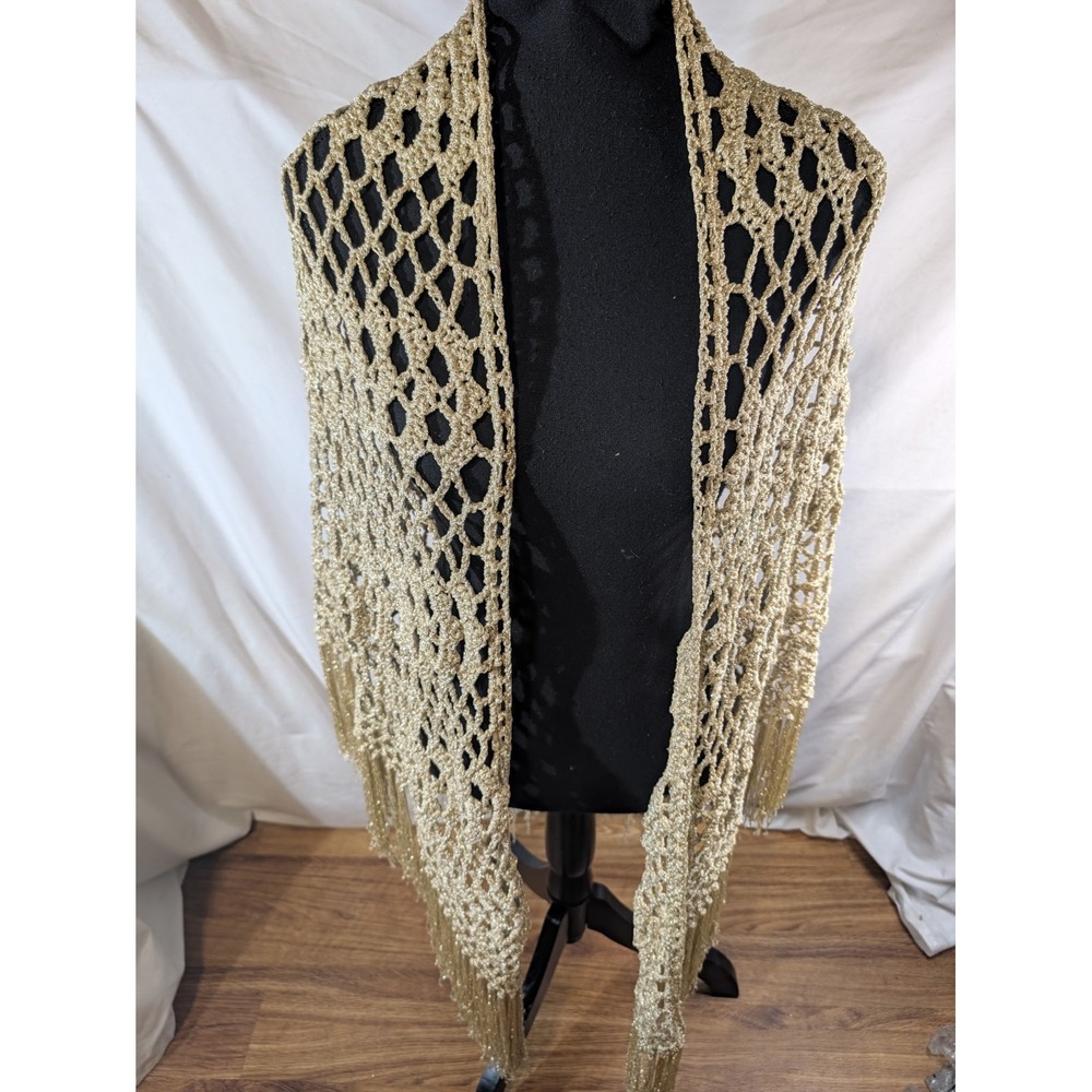 Vtge Neiman Marcus France Hold Metallic Crochet Wrap Shawl Fringe Disco